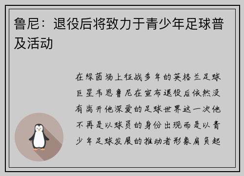 鲁尼：退役后将致力于青少年足球普及活动