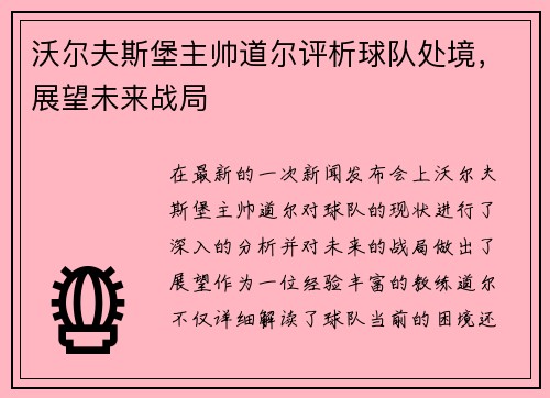 沃尔夫斯堡主帅道尔评析球队处境，展望未来战局