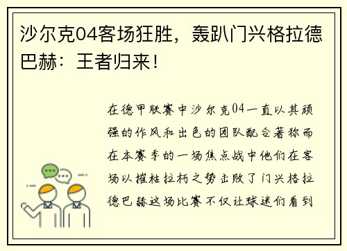 沙尔克04客场狂胜，轰趴门兴格拉德巴赫：王者归来！